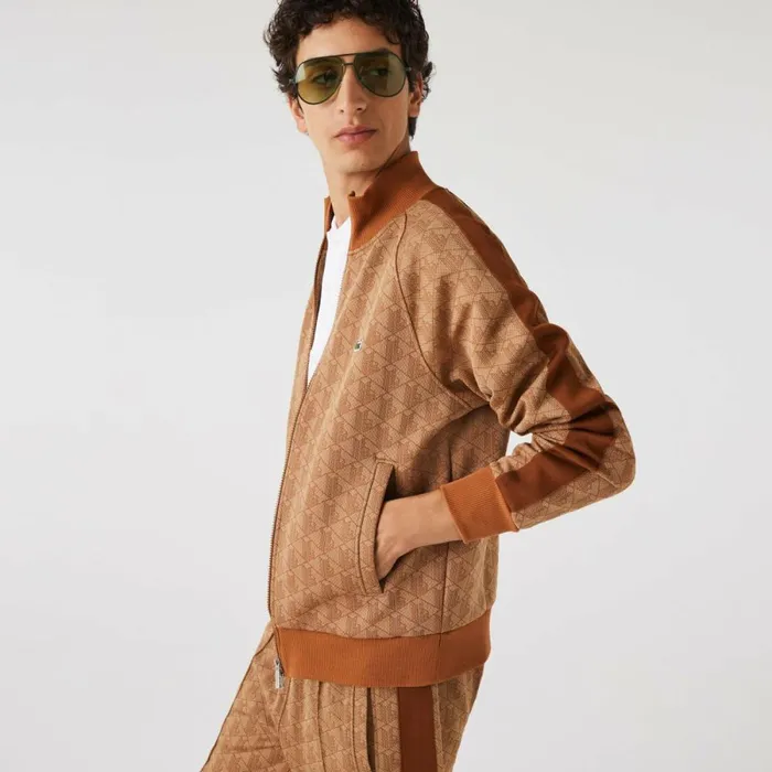 Sweaters and Sweatshirts Men Lacoste Men039s Regular Fit Monogram ZipUp Sweatshirt Beige Brown Zwm