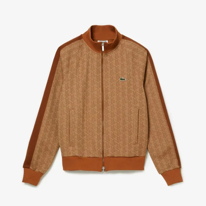 Sweaters and Sweatshirts Men Lacoste Men039s Regular Fit Monogram ZipUp Sweatshirt Beige Brown Zwm