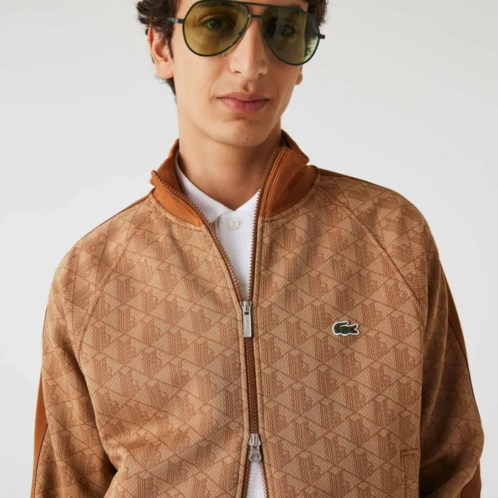Sweaters and Sweatshirts Men Lacoste Men039s Regular Fit Monogram ZipUp Sweatshirt Beige Brown Zwm