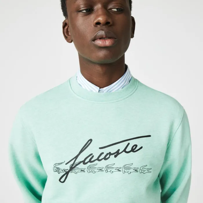 Sweaters and Sweatshirts Men Lacoste Men039s Signature Print Crew Neck Cotton Fleece Sweatshirt Green Hcv