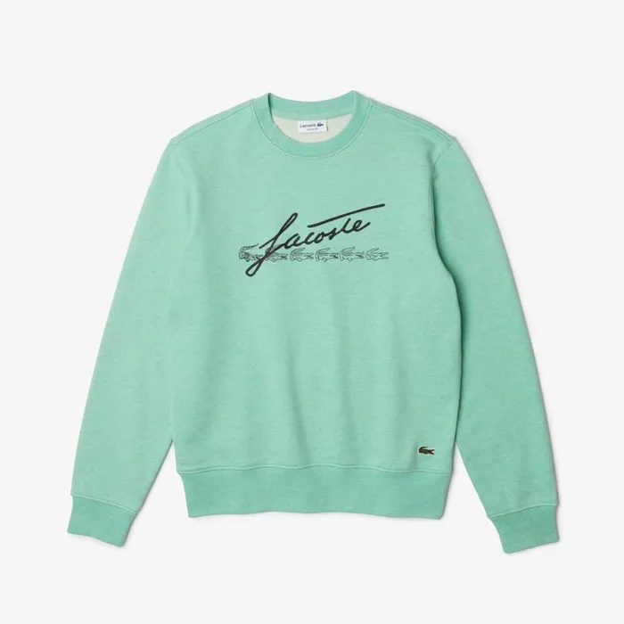 Sweaters and Sweatshirts Men Lacoste Men039s Signature Print Crew Neck Cotton Fleece Sweatshirt Green Hcv