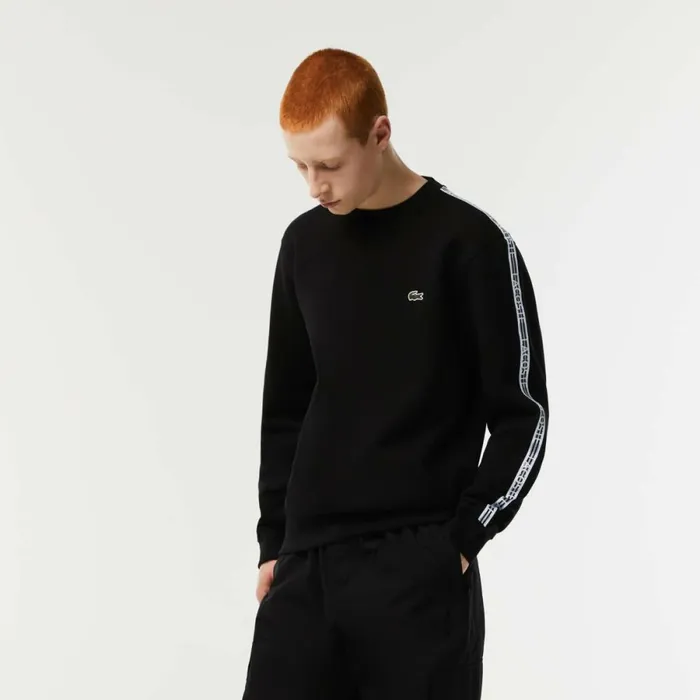 Sweaters and Sweatshirts Men Lacoste Mens Classic Fit Logo Stripe Flannel Sweatshirt Black 031