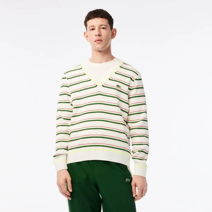 Sweaters and Sweatshirts Men Lacoste Mens Made In France Striped VNeck Sweater White 7gv