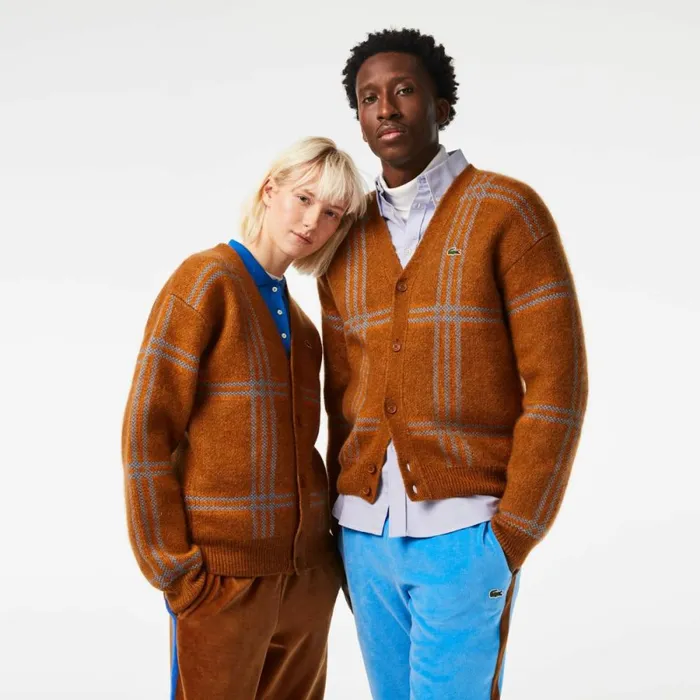 Sweaters and Sweatshirts MenWomen Lacoste Unisex Tartan Pattern Wool Cardigan Brown Blue Orange Vn2
