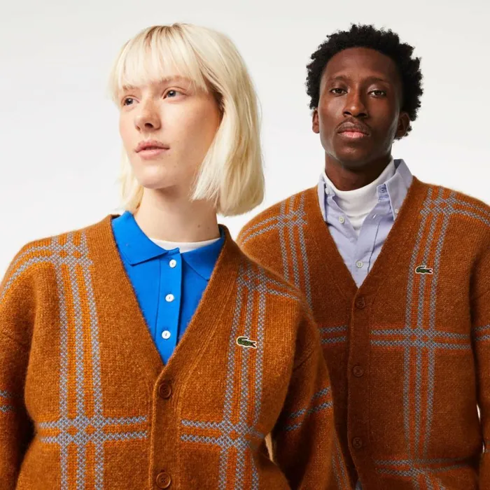 Sweaters and Sweatshirts MenWomen Lacoste Unisex Tartan Pattern Wool Cardigan Brown Blue Orange Vn2