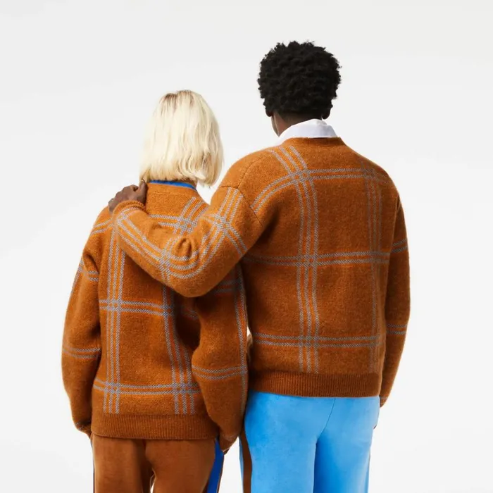 Sweaters and Sweatshirts MenWomen Lacoste Unisex Tartan Pattern Wool Cardigan Brown Blue Orange Vn2