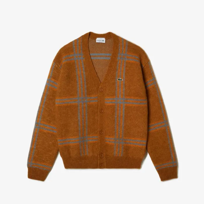 Sweaters and Sweatshirts MenWomen Lacoste Unisex Tartan Pattern Wool Cardigan Brown Blue Orange Vn2