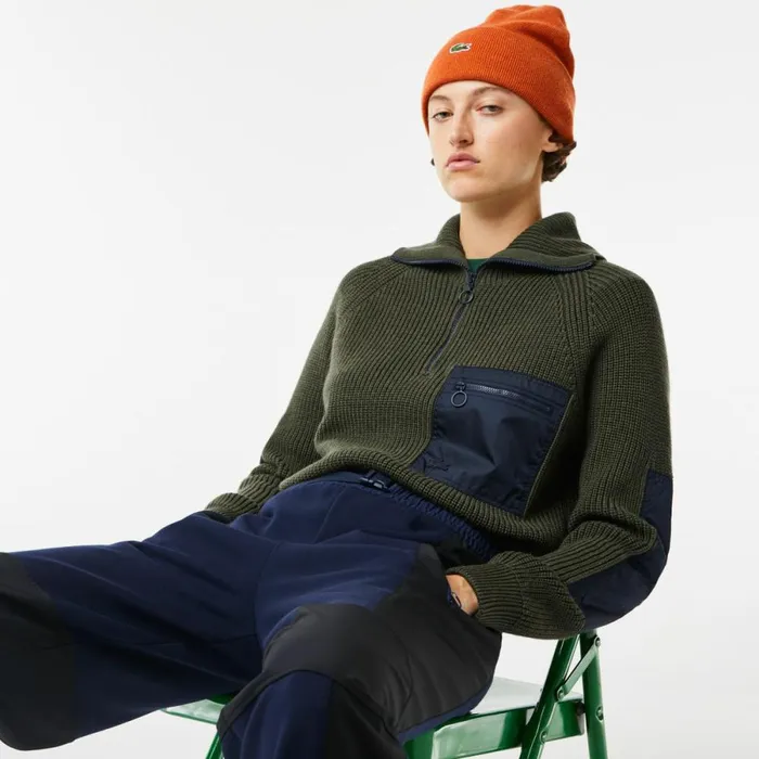Sweaters and Sweatshirts MenWomen Lacoste Women039s Colorblock HalfZip Sweater Khaki Green Navy Blue U74