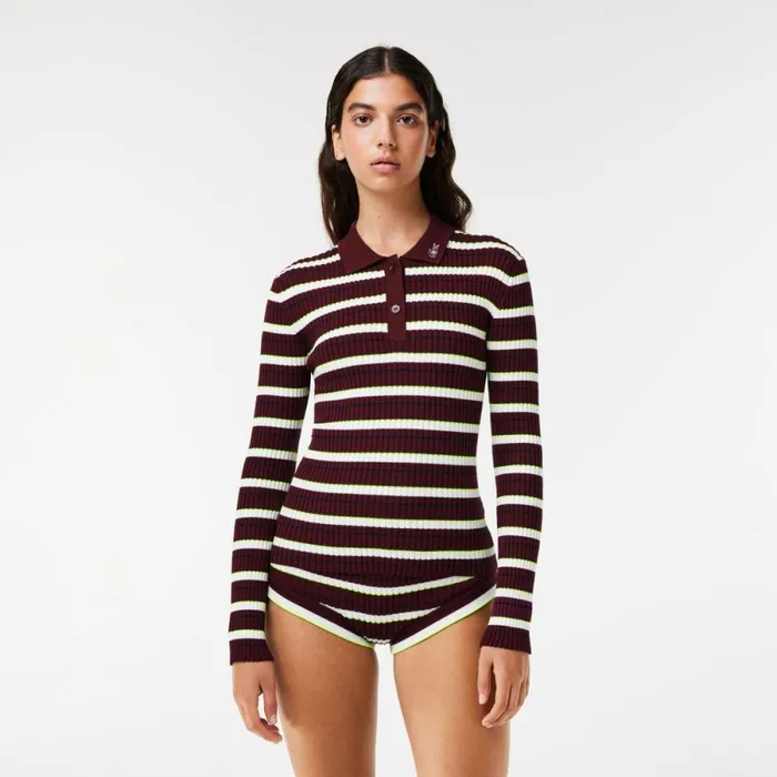 Sweaters and Sweatshirts Women Lacoste Lacoste X EleVen By Venus Ribbed Polo Collar Sweater Bordeaux White Iww