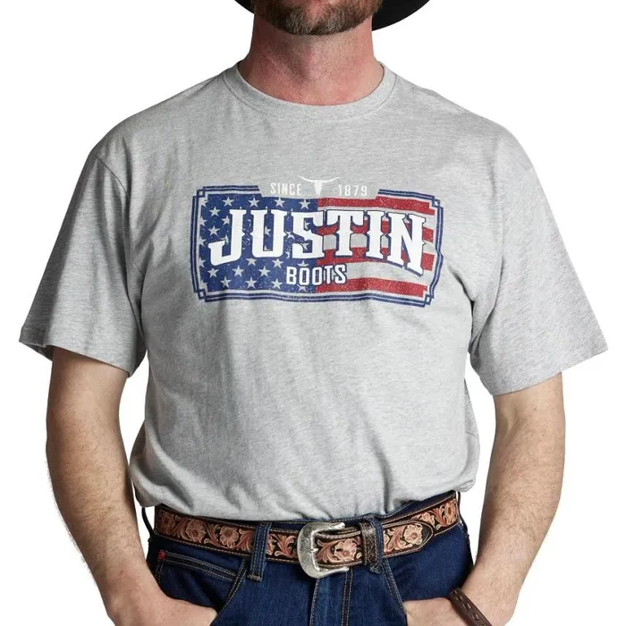 TShirts and Polos Men Justin Boots Justin License Plate Flag Tee Grey