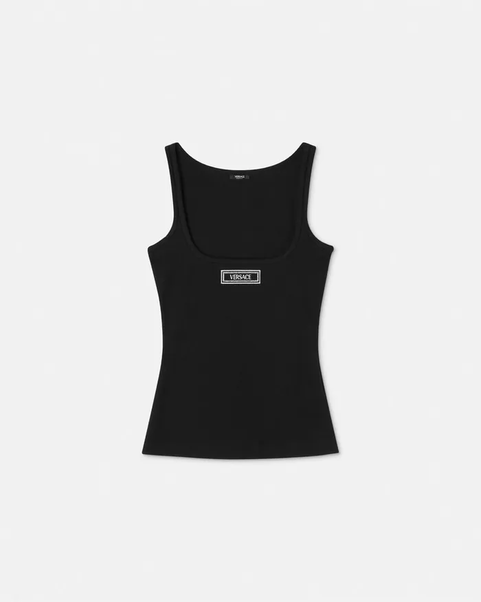 TShirts and Sweatshirts Women Versace 90s Vintage Logo Ribbed Tank Top Black
