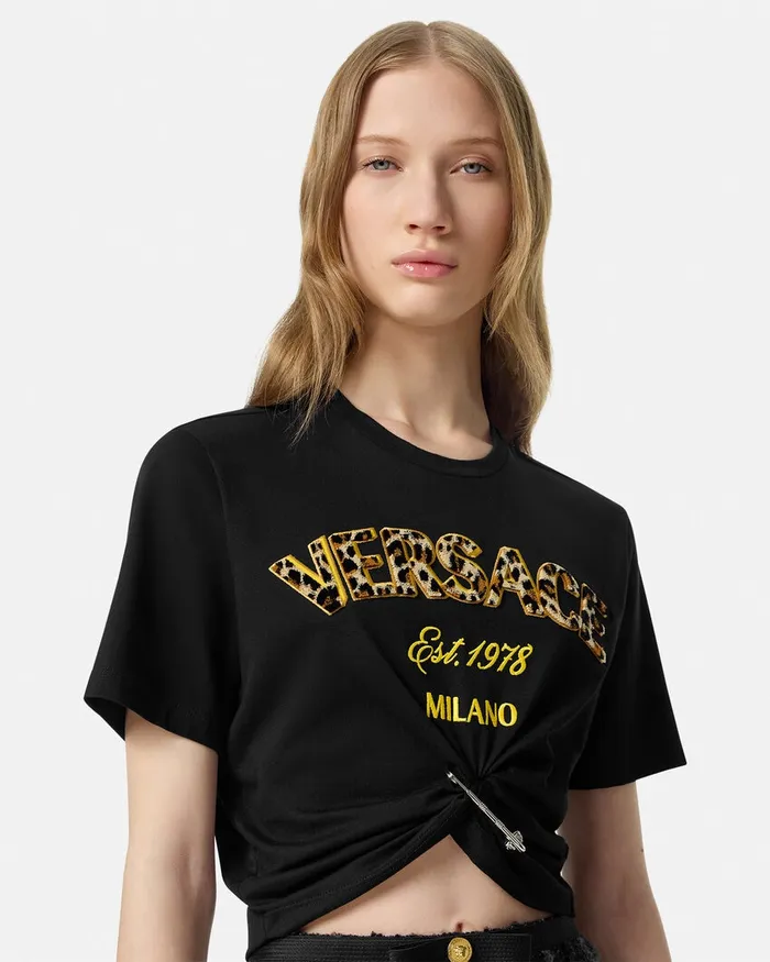 TShirts and Sweatshirts Women Versace Wild Stamp Safety Pin Crop TShirt Blackprint