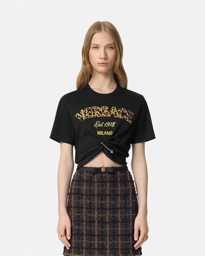 TShirts and Sweatshirts Women Versace Wild Stamp Safety Pin Crop TShirt Blackprint
