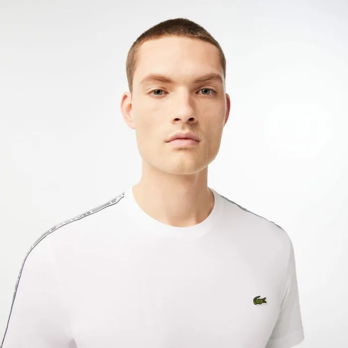 TShirts Men Lacoste Mens Regular Fit Logo Stripe TShirt White 001