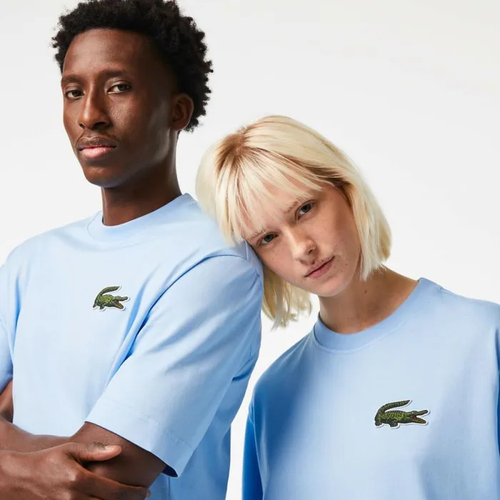 TShirts MenWomen Lacoste Unisex Loose Fit Large Croc Organic Heavy Cotton TShirt Pastel Blue Hbp