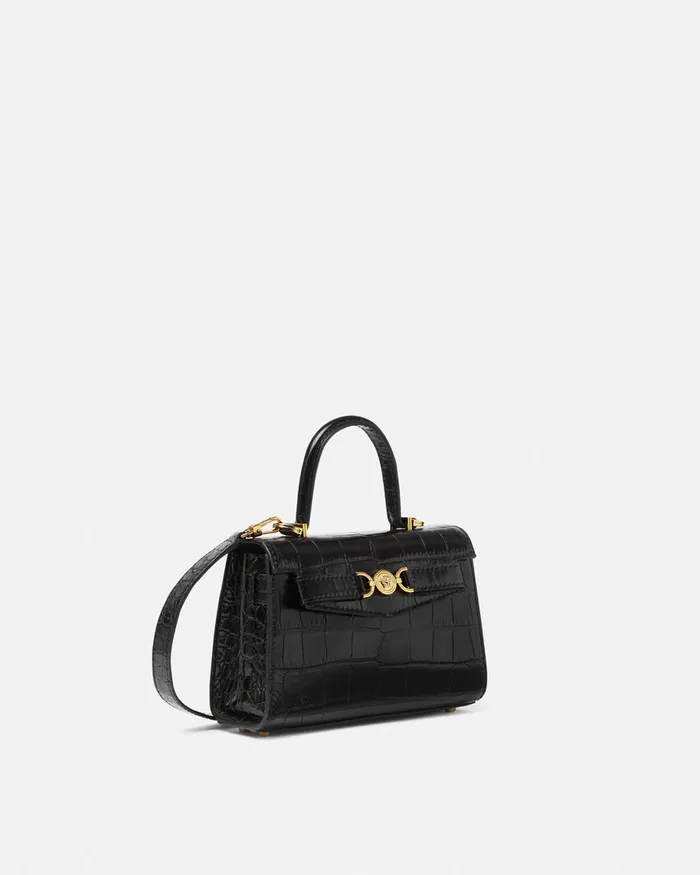 Top Handle Women Versace CrocEffect Medusa 03995 Small Handbag Blackgold