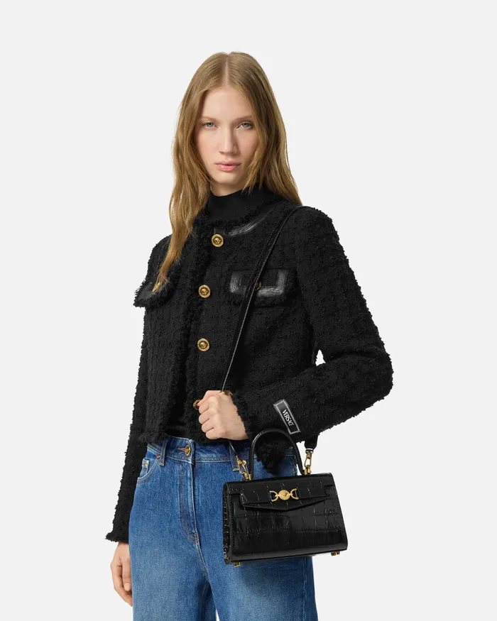 Top Handle Women Versace CrocEffect Medusa 03995 Small Handbag Blackgold
