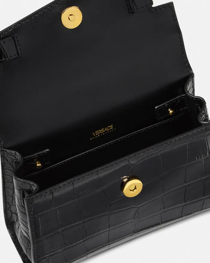 Top Handle Women Versace CrocEffect Medusa 03995 Small Handbag Blackgold