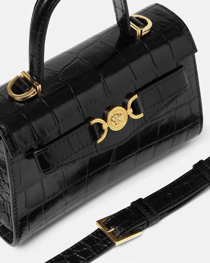 Top Handle Women Versace CrocEffect Medusa 03995 Small Handbag Blackgold