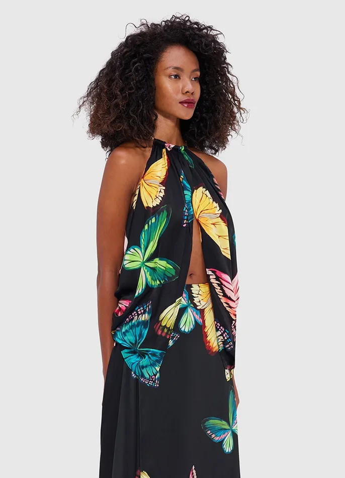Tops and Shirts Alyssa Draped Halter Top 8211 Papillon Print in Black 8211 LEO LIN Women