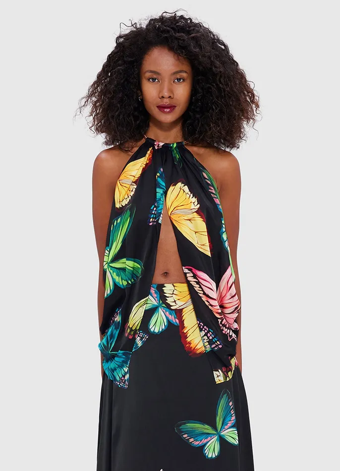 Tops and Shirts Alyssa Draped Halter Top 8211 Papillon Print in Black 8211 LEO LIN Women