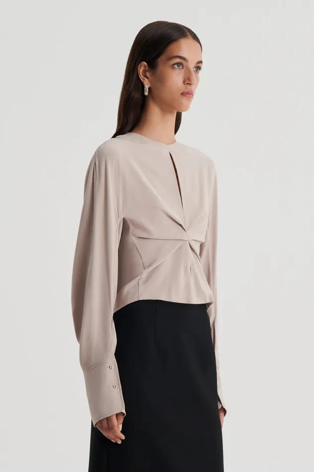 Tops Women Scanlan Theodore SILK SATIN DRAPED TOP MUSHROOM Tops Women Scanlan Theodore SILK SATIN DRAPED TOP MUSHROOM