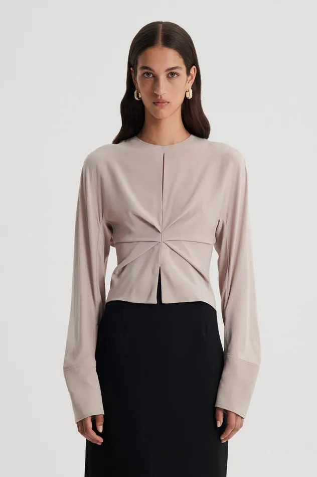 Tops Women Scanlan Theodore SILK SATIN DRAPED TOP MUSHROOM Tops Women Scanlan Theodore SILK SATIN DRAPED TOP MUSHROOM