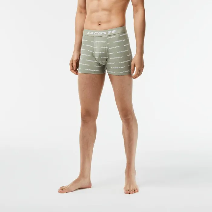 Underwear and Socks Men Lacoste Mens 3Pack Logo Print Jersey Boxers Khaki Green Grey Chine White Gc9