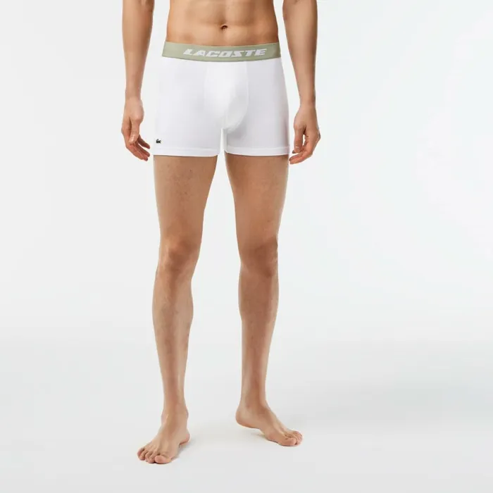 Underwear and Socks Men Lacoste Mens 3Pack Logo Print Jersey Boxers Khaki Green Grey Chine White Gc9