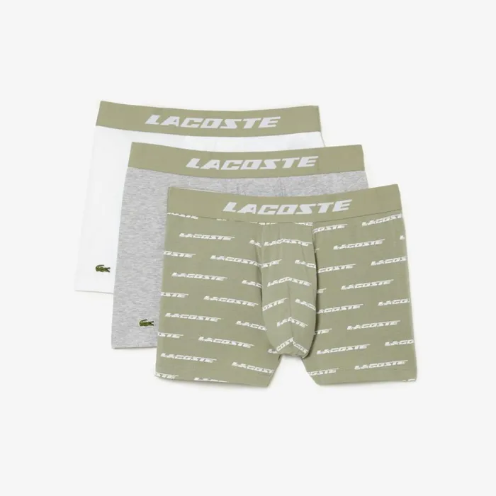 Underwear and Socks Men Lacoste Mens 3Pack Logo Print Jersey Boxers Khaki Green Grey Chine White Gc9
