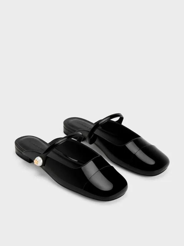 Women Aeryn Patent Pearl Embellished Flat Mules 8211 Black Patent CHARLES and KEITH Mules