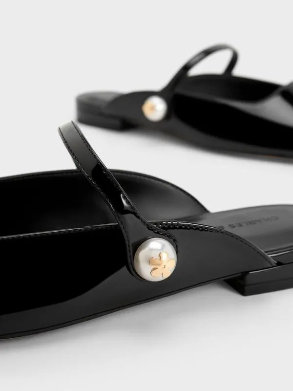 Women Aeryn Patent Pearl Embellished Flat Mules 8211 Black Patent CHARLES and KEITH Mules