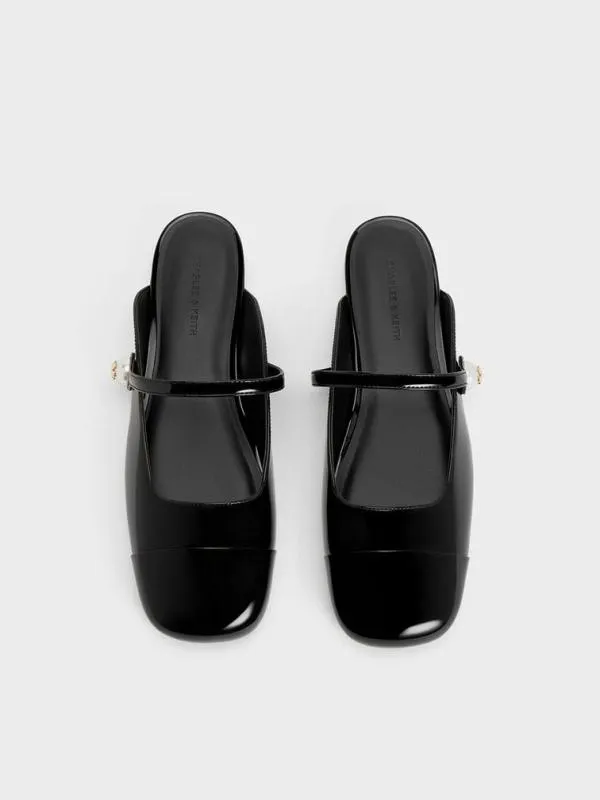 Women Aeryn Patent Pearl Embellished Flat Mules 8211 Black Patent CHARLES and KEITH Mules