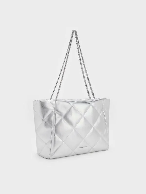 Women Apfra Metallic Quilted ChainHandle Tote Bag 8211 Silver CHARLES and KEITH Slouchy Bags