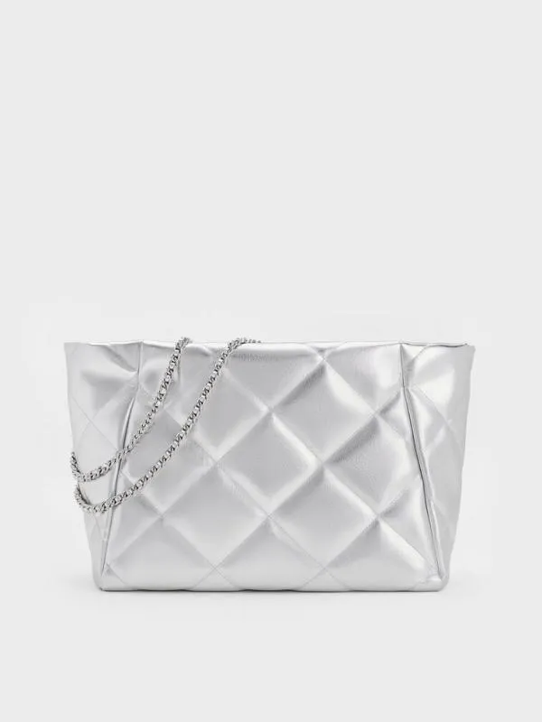 Women Apfra Metallic Quilted ChainHandle Tote Bag 8211 Silver CHARLES and KEITH Slouchy Bags