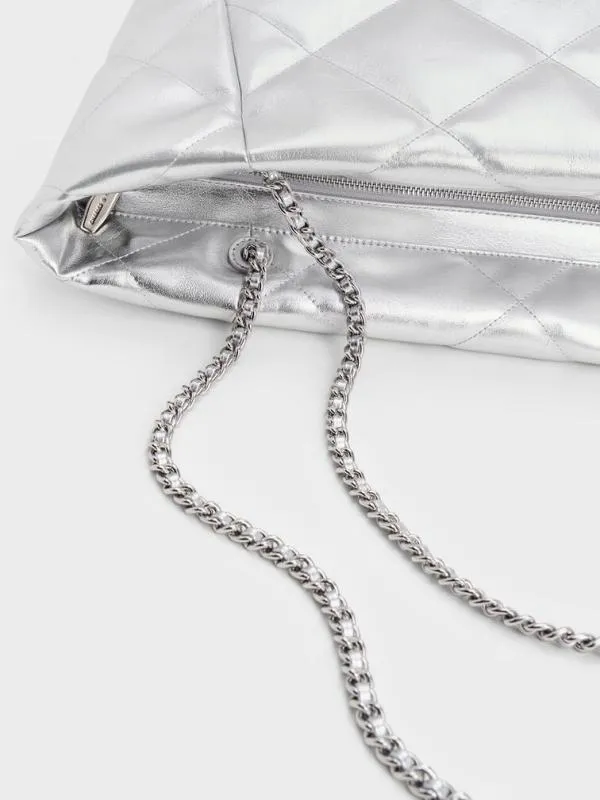Women Apfra Metallic Quilted ChainHandle Tote Bag 8211 Silver CHARLES and KEITH Slouchy Bags