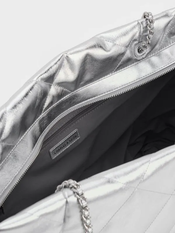 Women Apfra Metallic Quilted ChainHandle Tote Bag 8211 Silver CHARLES and KEITH Slouchy Bags