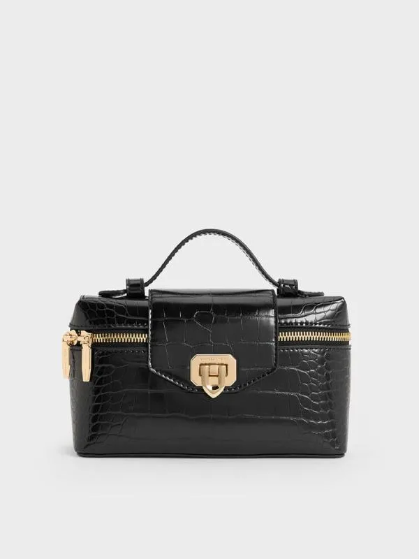 Women Arwen CrocEffect Top Handle Vanity Bag 8211 Black CHARLES and KEITH Top Handle Bags Women Arwen CrocEffect Top Handle Vanity Bag 8211 Black CHARLES and KEITH Top Handle Bags