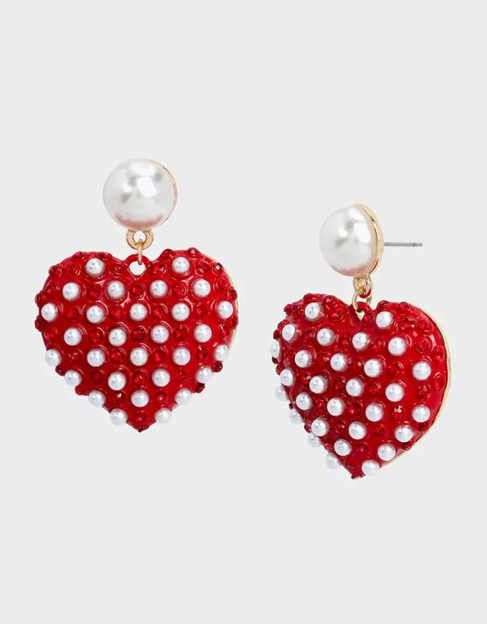 Women BETSEYS BEST PEARL DROP HEART EARRINGS RED Betsey Johnson