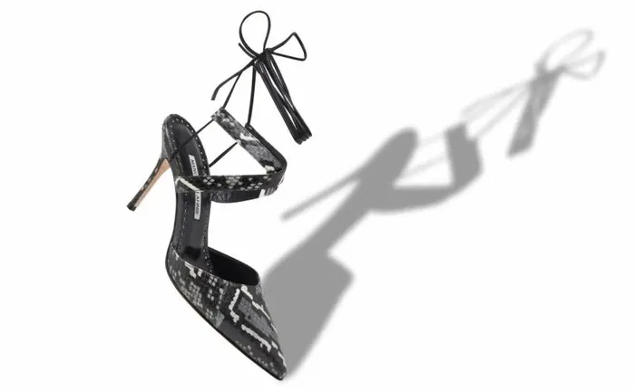 Women Black And White Snakeskin Ankle Tie Pumps Manolo Blahnik Pumps