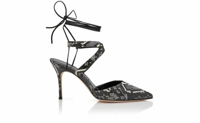 Women Black And White Snakeskin Ankle Tie Pumps Manolo Blahnik Pumps