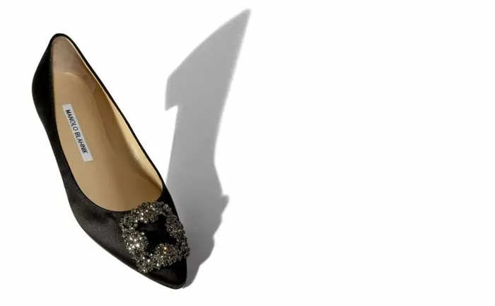 Women Black Satin Jewel Buckle Flat Pumps Manolo Blahnik Flats