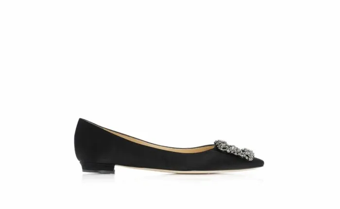 Women Black Satin Jewel Buckle Flat Pumps Manolo Blahnik Flats