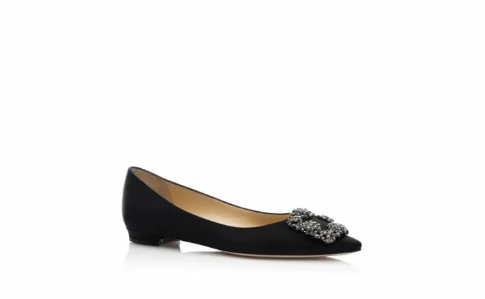 Women Black Satin Jewel Buckle Flat Pumps Manolo Blahnik Flats