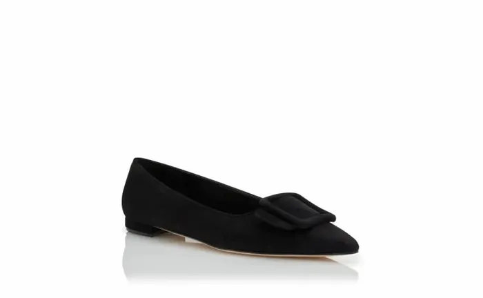 Women Black Suede Buckle Detail Flat Pumps Manolo Blahnik Flats
