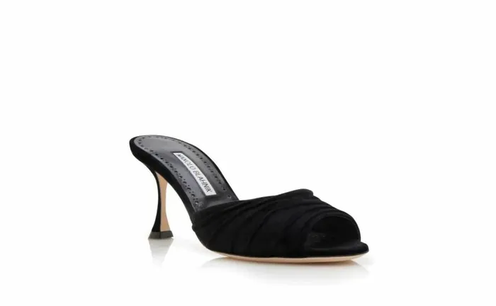 Women Black Suede Ruched Open Toe Mules Manolo Blahnik Mules