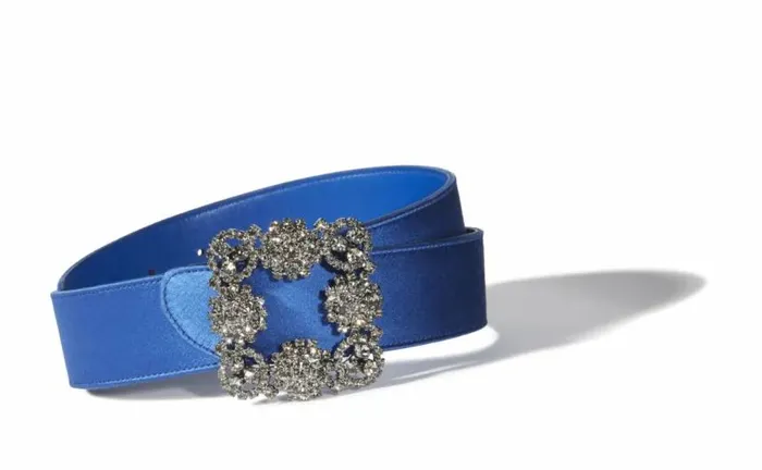 Women Blue Satin Crystal Buckled Belt Manolo Blahnik Belts