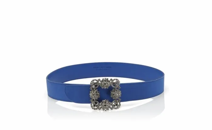 Women Blue Satin Crystal Buckled Belt Manolo Blahnik Belts