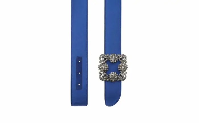 Women Blue Satin Crystal Buckled Belt Manolo Blahnik Belts