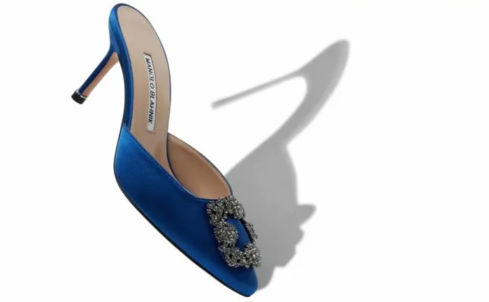 Women Blue Satin Jewel Buckle Mules Manolo Blahnik Mules